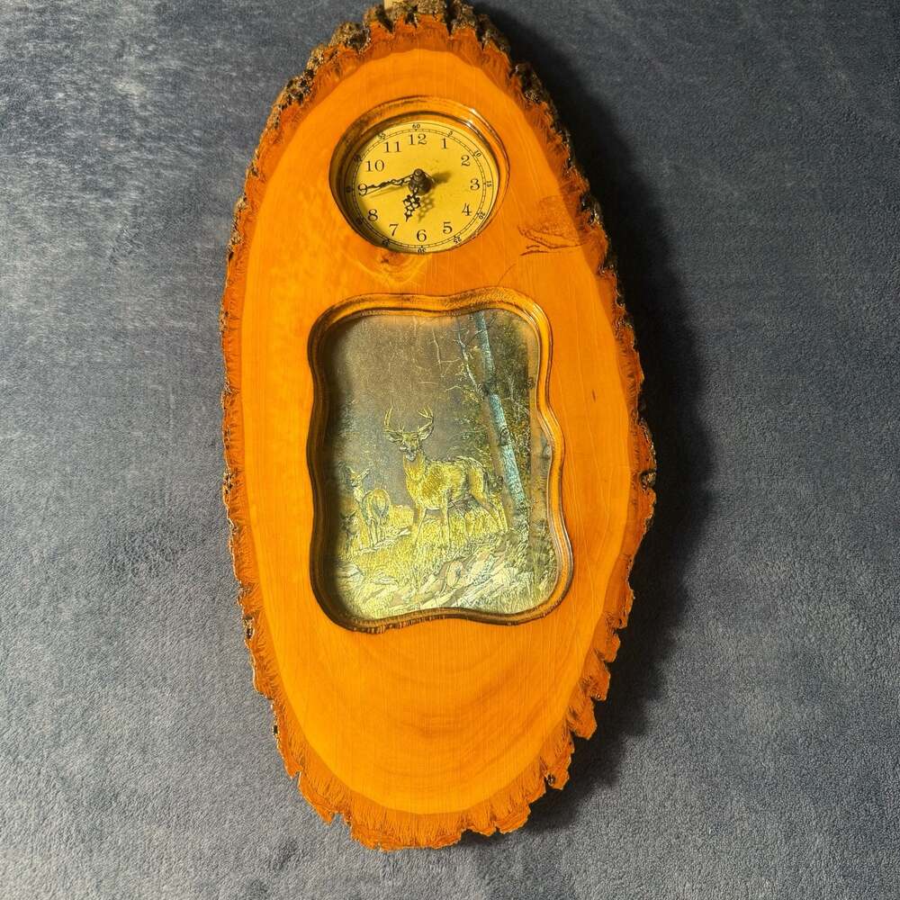 Vintage Live Edge Wood Slab Wall Plaque with Deer Print and Clock